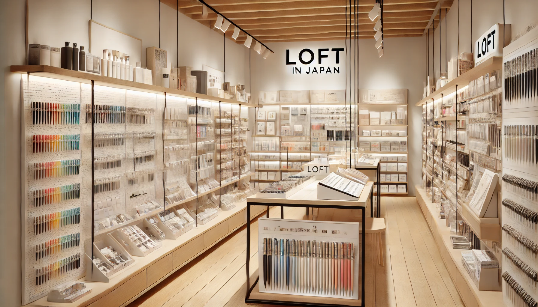 DALL·E 2025-04-08 11.12.14 - A realistic and clean digital illustration of a modern stationery store like Loft in Japan, with organized displays of pens and accessories. The scene - dokoichi ロフトでの販売状況