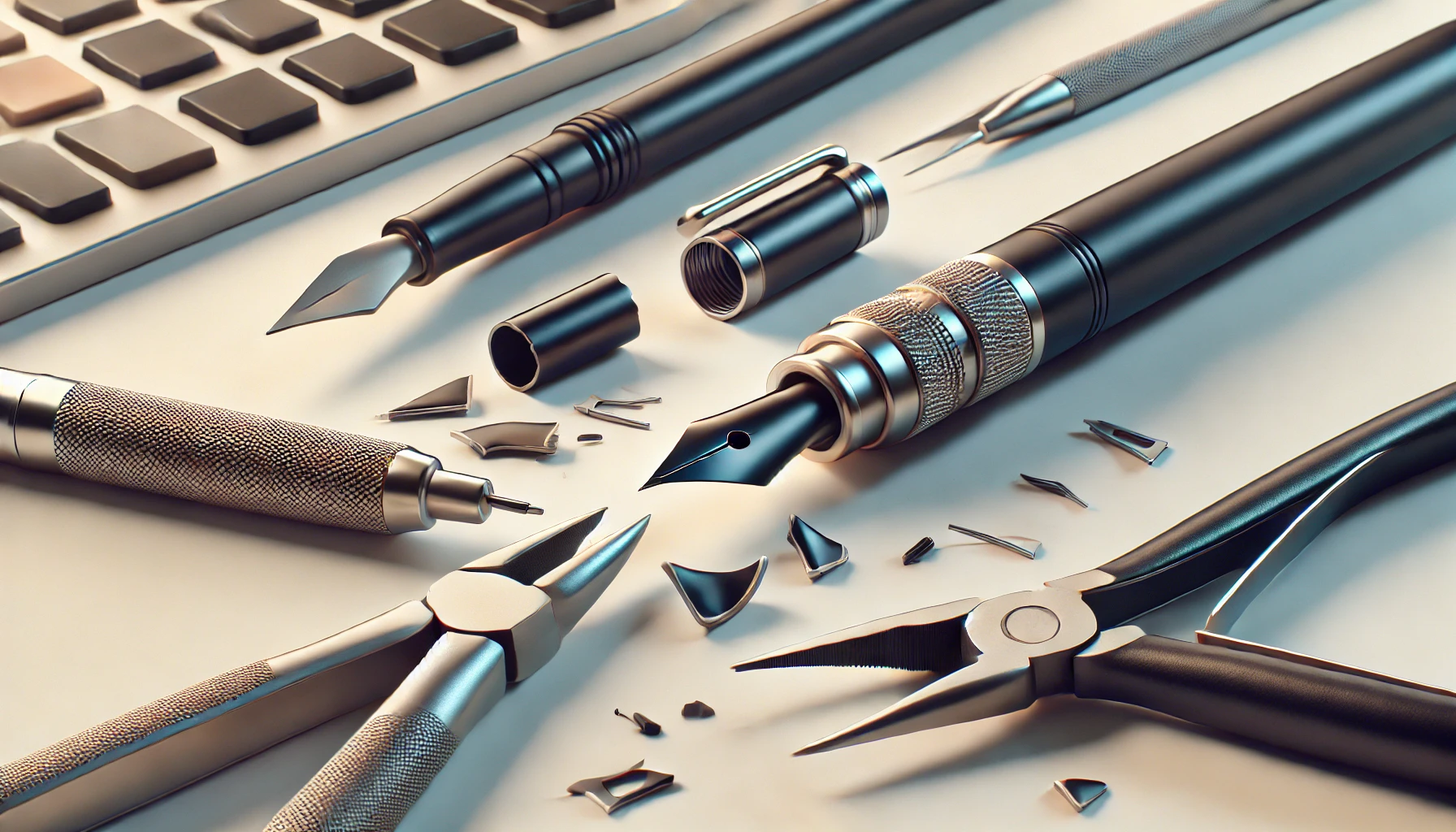 DALL·E 2025-04-08 11.15.06 - A realistic and clean digital illustration showing a broken mechanical pencil nib on a desk, with tools like tweezers or small pliers nearby, suggesti - dokoichi 交換・折れた時の対処法
