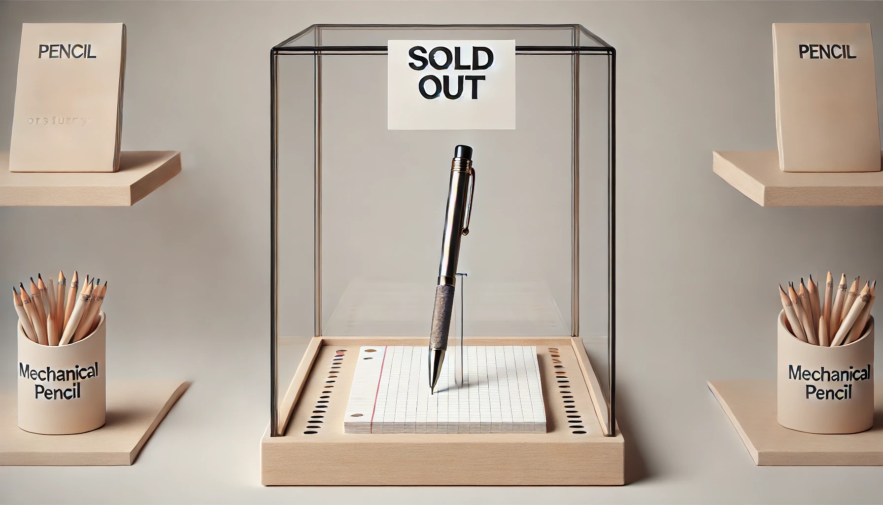 DALL·E 2025-04-08 11.15.20 - A realistic digital illustration in a clean and neutral setting showing a mechanical pencil placed in a closed glass display case or on an empty store - dokoichi 販売中止・生産終了の理由