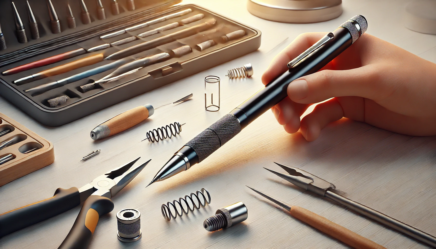 DALL·E 2025-04-08 11.15.38 - A realistic and detailed digital illustration showing a mechanical pencil being repaired, with tools such as a small screwdriver and replacement parts - dokoichi s20のペン先はどこで売ってる?修理や代替策も紹介